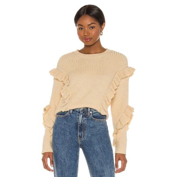 Tularosa x Revolve Quinn Ruffle Ribbed Crewneck Sweater Size Small Metallic Fall - Picture 2 of 7